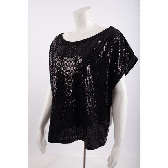 Drew Womens Shirt Top Sequin Sparkle Glam Holiday L Black Boxy fit NWT - Picture 4 of 6